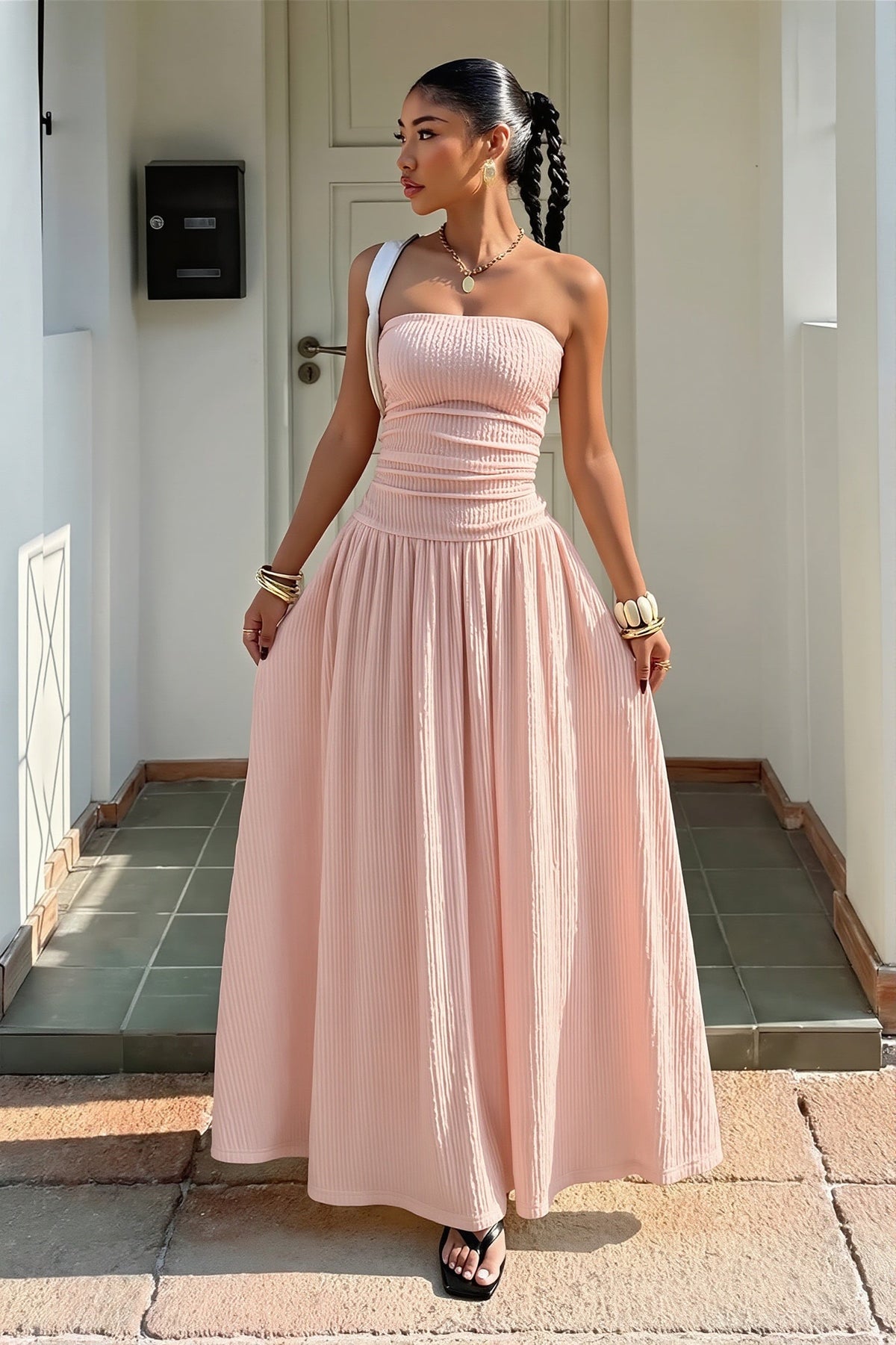 Strapless Ruched A-Line Maxi Dress