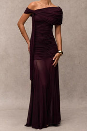 One Shoulder Ruched Mesh Maxi Dress