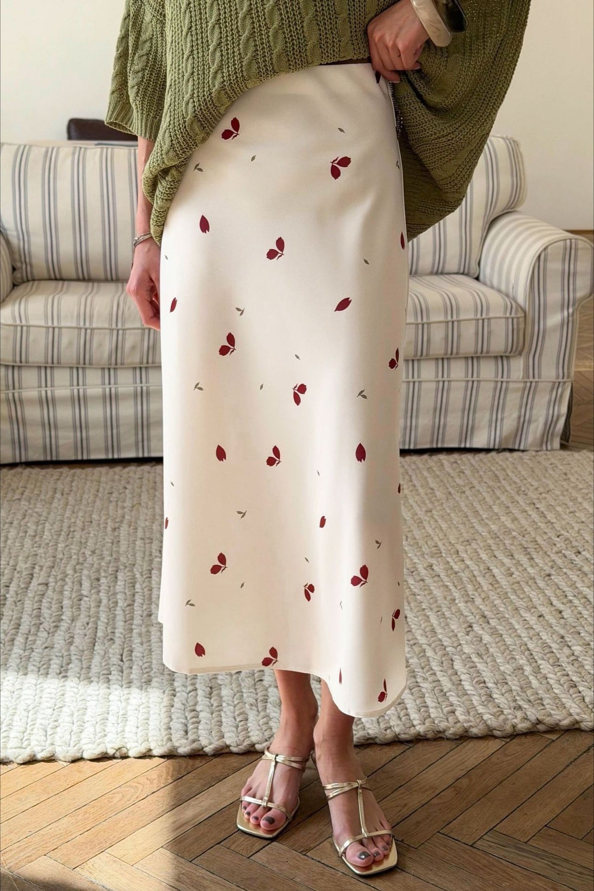 Floral Print Satin A-Line Midi Skirt