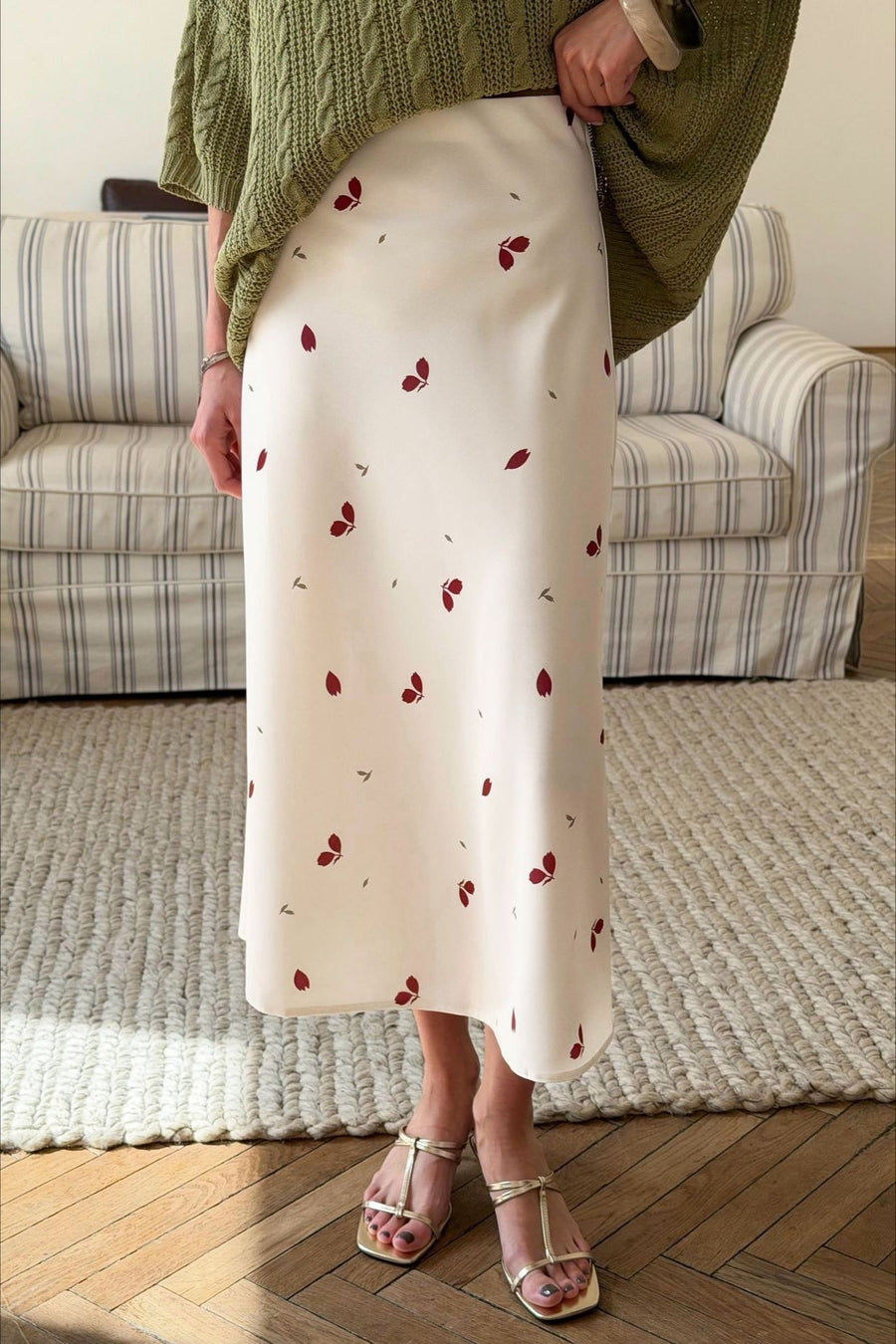 Floral Print Satin A-Line Midi Skirt