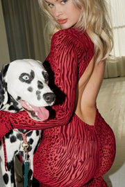 Red Leopard Print Crew Neck Backless Mermaid Maxi Dress