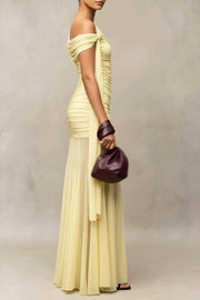 One Shoulder Ruched Mesh Maxi Dress