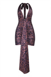 Sexy Leopard Deep V Halter Backless Tie Mini Dress