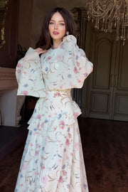 Floral Round Neck Long Sleeve Tie Maxi Dress