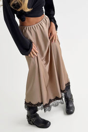 Lace-Trim Satin Long Maxi Skirt