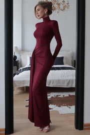 Turtleneck Long-Sleeve Patchwork Lace-Up Maxi Dress