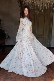 Floral Round Neck Long Sleeve Tie Maxi Dress