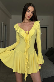 Solid Ruffle Flare Tie Bodycon Mini Dress