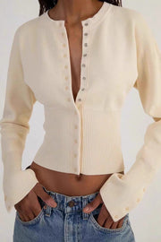 Ribbed Round Neck Fitted Waist Cardigan