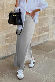 Drawstring Satin Gray Maxi Skirt