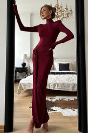 Turtleneck Long-Sleeve Patchwork Lace-Up Maxi Dress