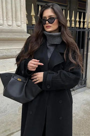 Black Loose Lapel Double-Breasted Overcoat