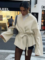 Bow Tie Lace-Up V-Neck Belted Overcoat