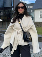 Bow Tie Lace-Up V-Neck Belted Overcoat