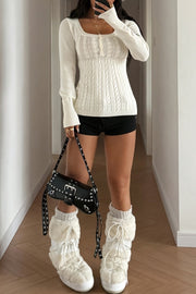 Cable Knit Square Neck Button Detail Sweater