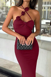 Floral Applique Cross Strap Halter Maxi Dress