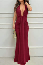Halter Deep V Backless Ruched Hot Girl Maxi Dress