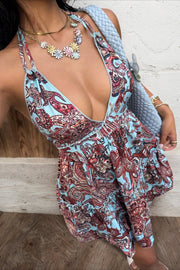 Paisley Backless Halter Mini Dress