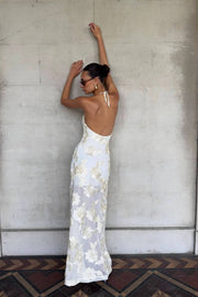 Floral Applique Halter Sheer Hem Maxi Dress