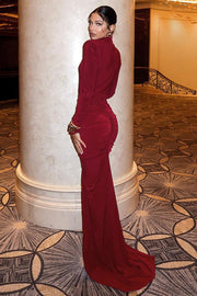 Mock Neck Ruched Long Sleeve Maxi Dress