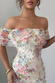 Ruffle Mesh Floral Mermaid Maxi Dress