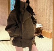 Casual Wool Lace-Up Stand Collar Overcoat