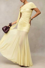 One Shoulder Ruched Mesh Maxi Dress