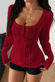 Cable Knit Square Neck Button Detail Sweater