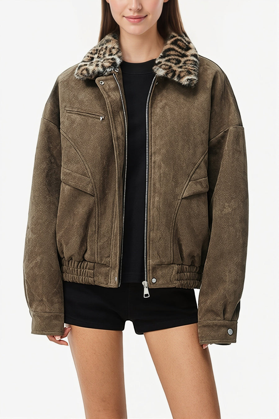 Leopard Fur Collar Barn Jacket