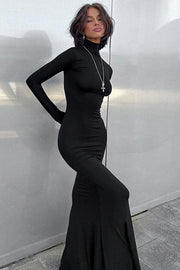Turtleneck Long-Sleeve Solid Maxi Maxi Dress