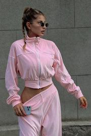 Athletic Velvet Collar Zipper Long Sleeve Two Piece Set