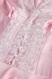 Pink Satin Lace Puff Sleeve Mini Dress
