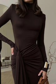 Turtleneck Long-Sleeve Patchwork Lace-Up Maxi Dress