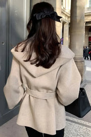 Chic Brown Woolen Hooded Overcoat