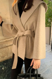 Chic Brown Woolen Hooded Overcoat