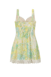 Linen Lace Trim Floral Mini Boho Dress