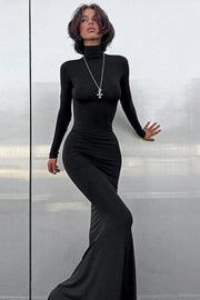 Turtleneck Long-Sleeve Solid Maxi Maxi Dress