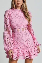 Solid Ruffle Hollow Lace Mini Dress