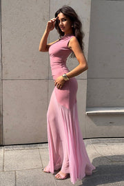 One Shoulder Sheer Mesh Overlay Maxi Dress