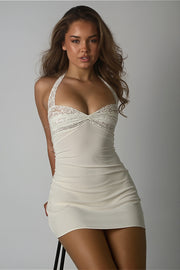 Lace Splice Satin Halter Mini Dress