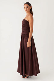 Strapless Ruched Drop-Waist Maxi Dress