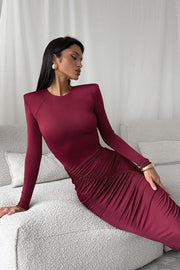 Round Neck Ruched Long Sleeve Maxi Dress