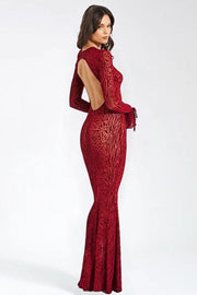 Red Leopard Print Crew Neck Backless Mermaid Maxi Dress