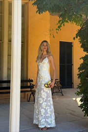 Floral Applique Halter Sheer Hem Maxi Dress