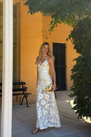 Floral Applique Halter Sheer Hem Maxi Dress