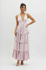 Satin V-Neck Cami Tiered Slim Maxi Dress