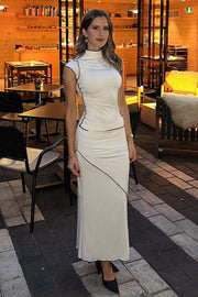 Contrast Trim Short Sleeve Top and Maxi Skirt Set