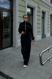 Athletic Velvet Collar Zipper Long Sleeve Two Piece Set