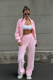 Athletic Velvet Collar Zipper Long Sleeve Two Piece Set