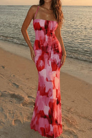 Watercolor Print Lace Up Fishtail Maxi Dress